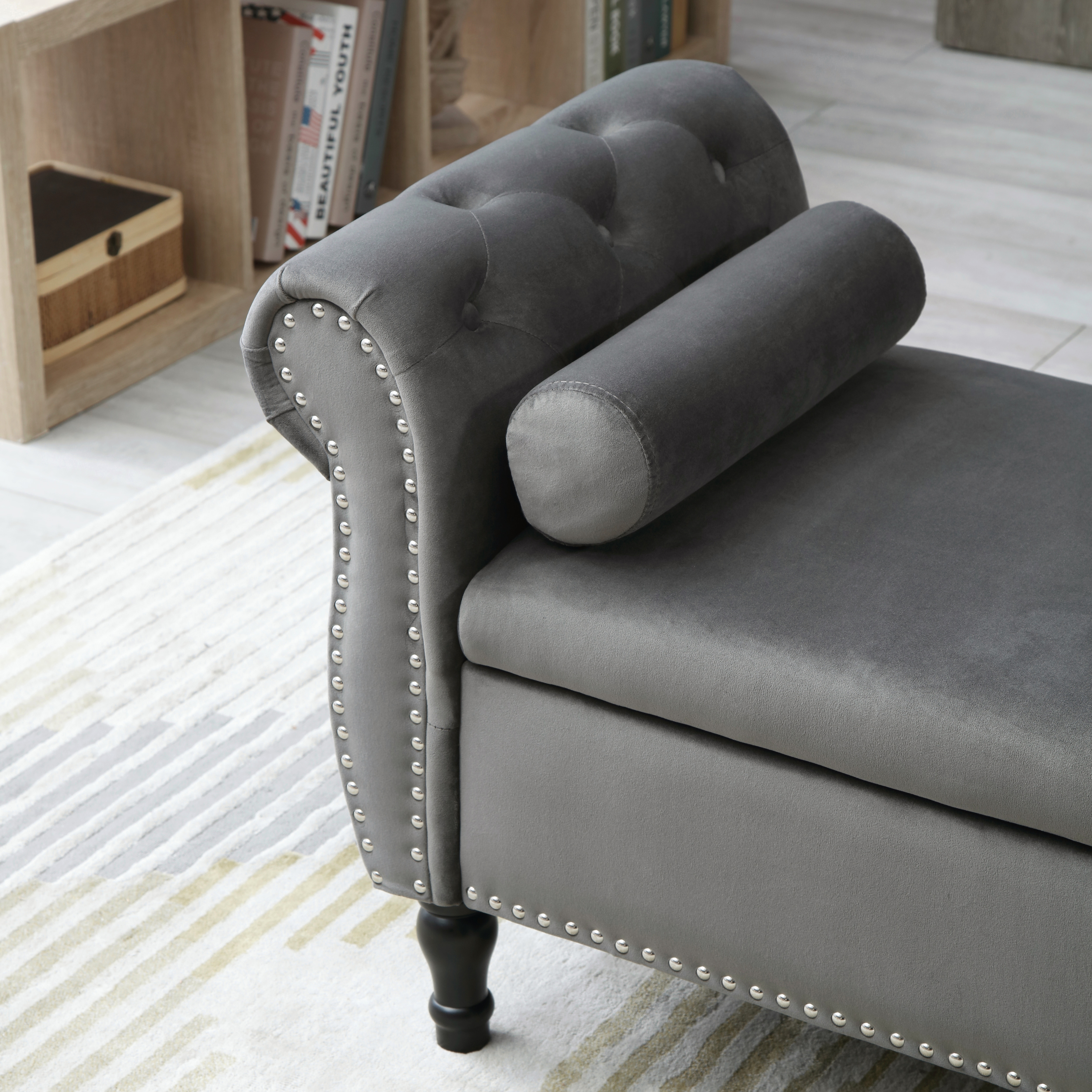 Aijia 63" Velvet Multifunctional Storage Rectangular Sofa Stool Buttons Tufted Nailhead Trimmed Solid Wood Legs With 1 Pillow,Grey_voghion.com